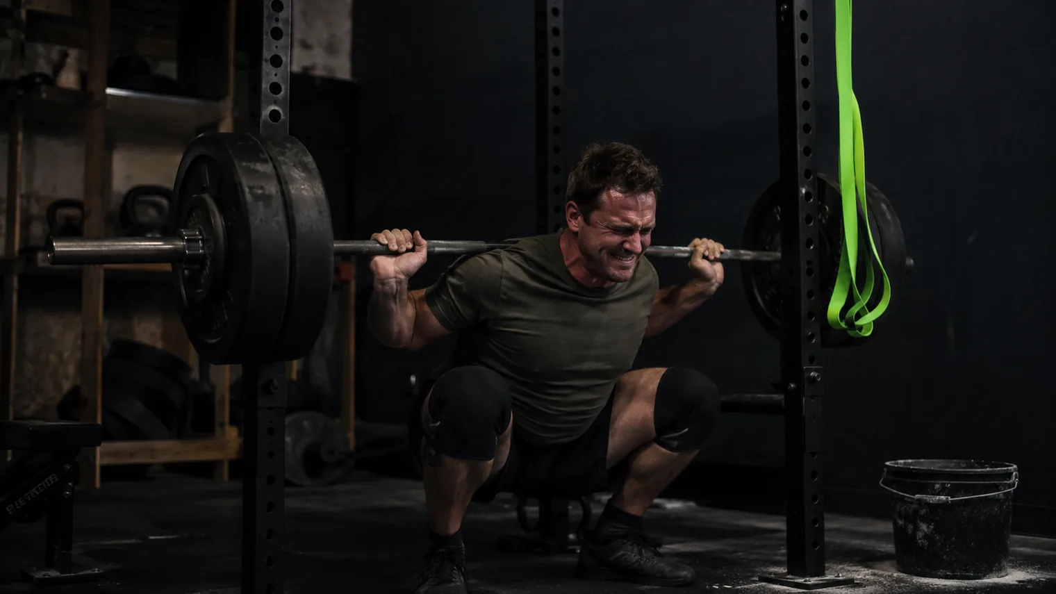 An athlete at the bottom of a heavy barbell back squat in a garage gym