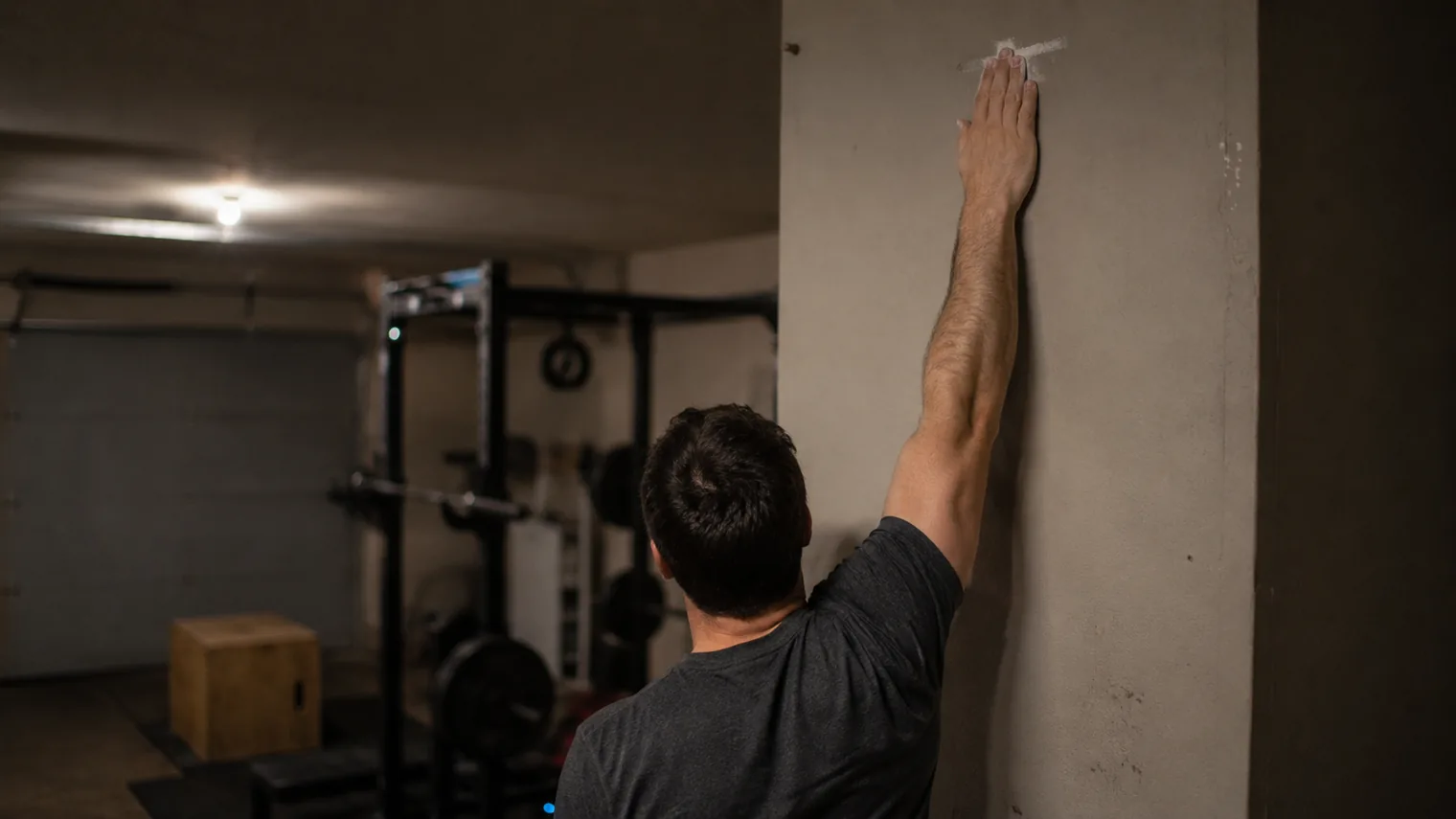 An athlete marking their standing reach high on a garage-gym wall