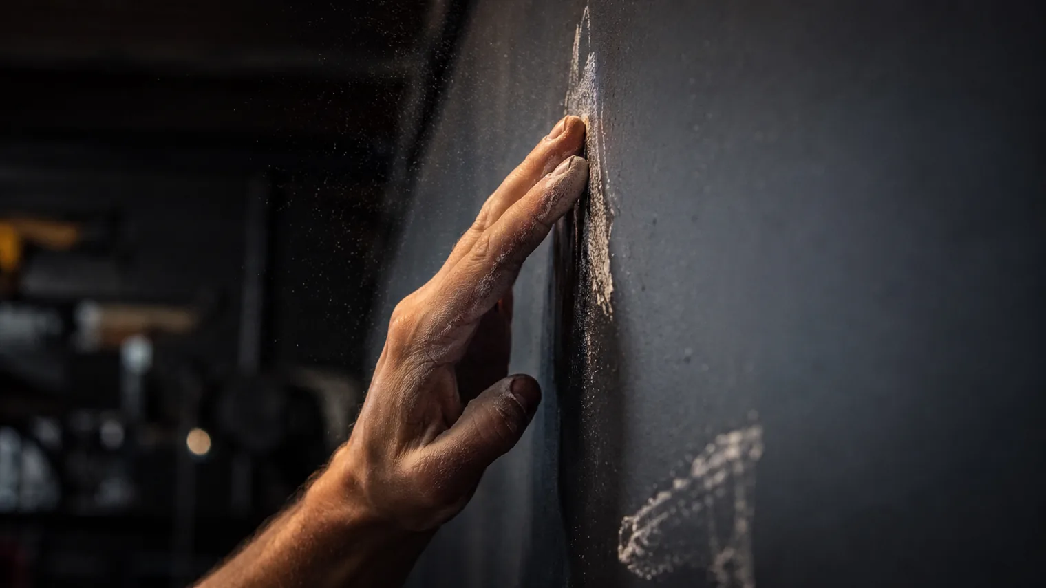 Chalk-dusted fingertips marking touch height on a wall to measure a vertical jump